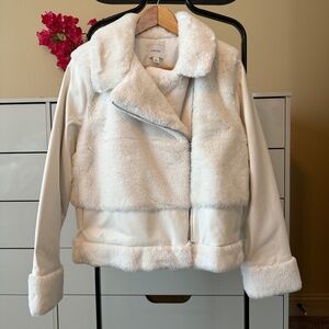 Nine West Faux Fur Leather Moto Jacket White Size Small